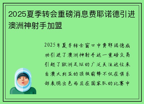 2025夏季转会重磅消息费耶诺德引进澳洲神射手加盟