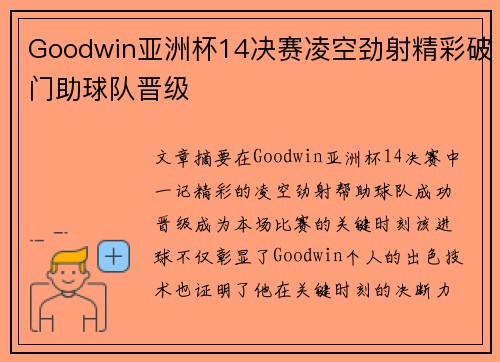 Goodwin亚洲杯14决赛凌空劲射精彩破门助球队晋级